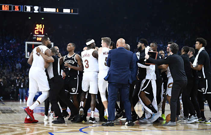 Cleveland Cavaliers and Brooklyn Nets players are separated in the NBA Paris Game at AccorHotels Arena